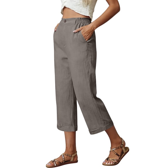 Cropped Pants Womens Petite Linen Pant 2026 Lightweight Elastic Waist Wide Leg Mid Calf Length Summer Beach Dress Capris Gray XL