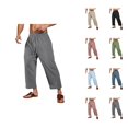 thumbnail image 1 of Cropped Pants for Men Solid Color Elastic Waist Drawstring Loose Fit Straight Leg Casual Cotton Pants Trousers, 1 of 1