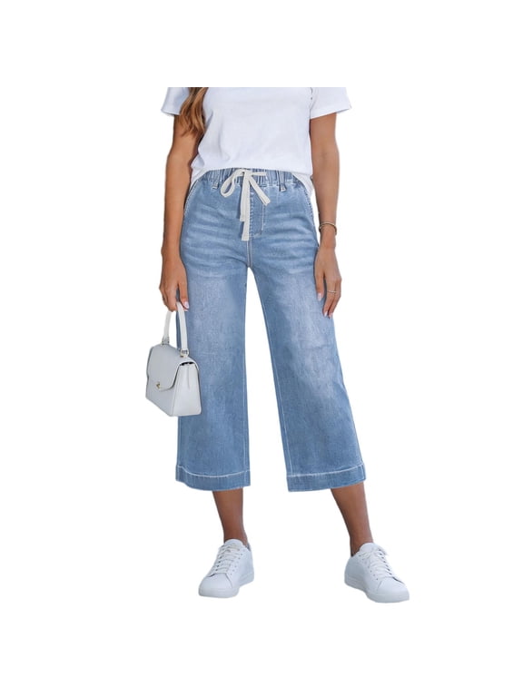 Cropped Pants for Women,Capris Jeans for Women Trendy Wide Leg Capri Pants High Waisted Pull On Elastic Waist Summer Stretch Denim Jeans