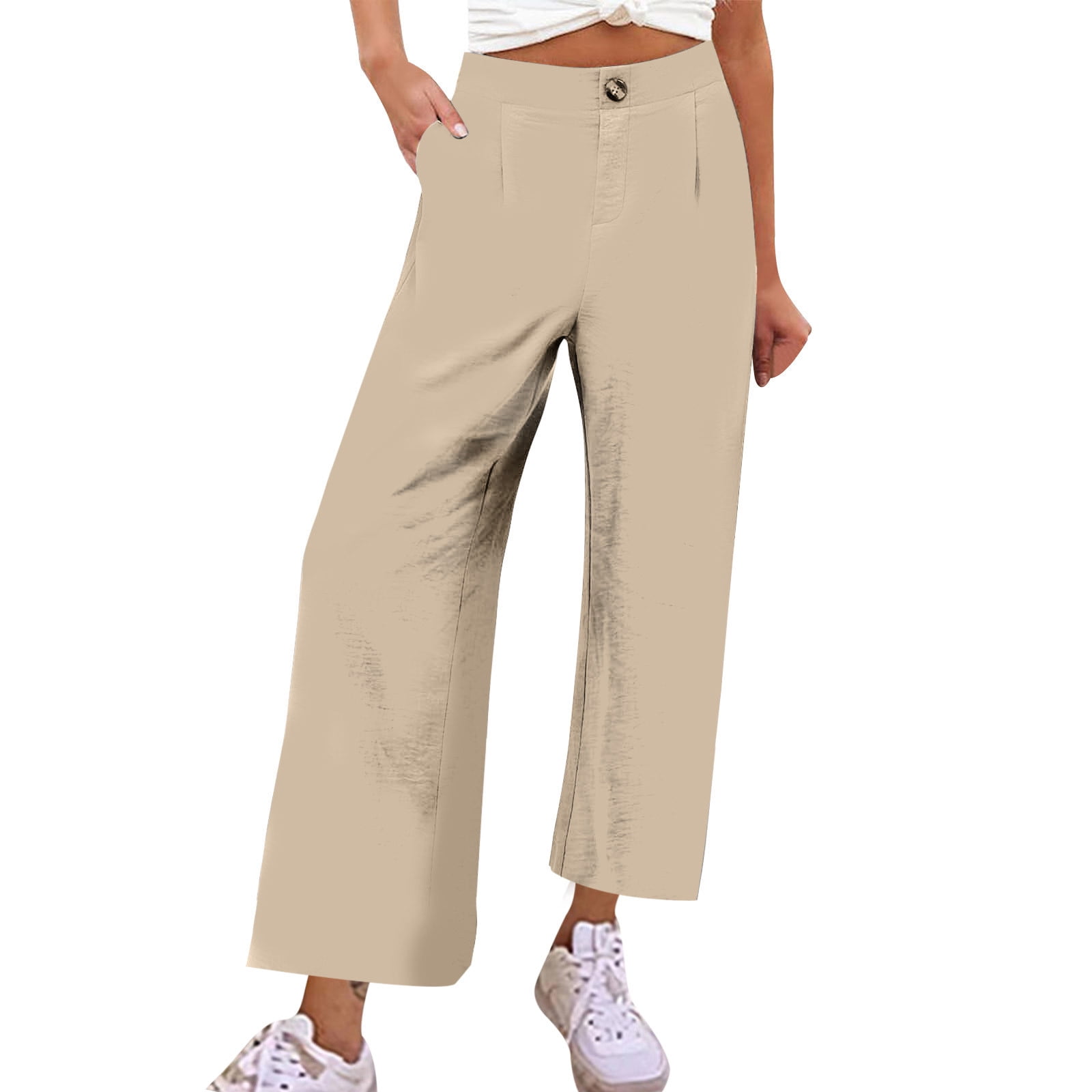 Cropped Pants for Women Casual Wide Leg Button Up Trousers with