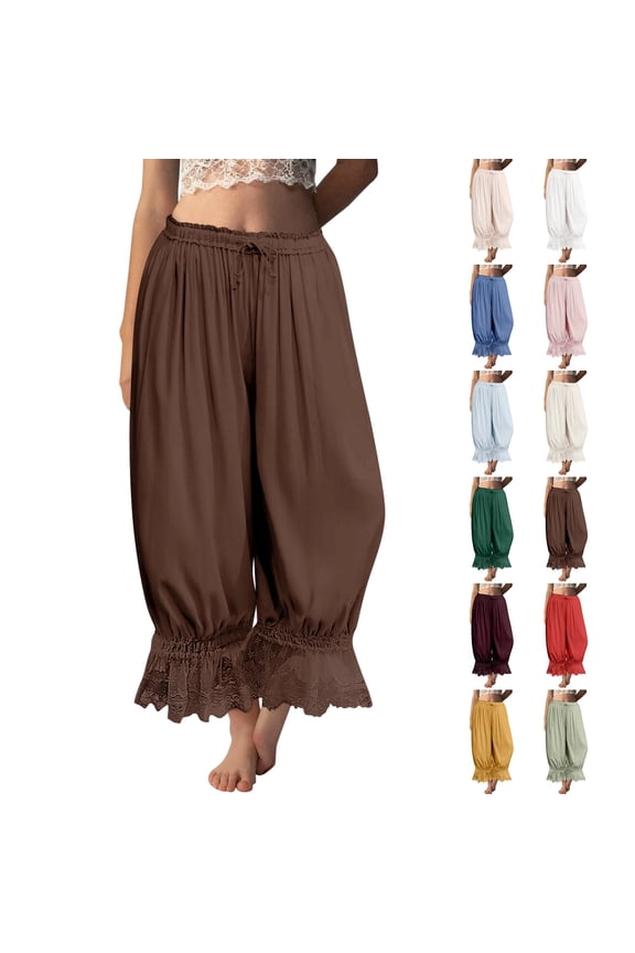 Cropped Pants for Women High Waisted Lace Ruffle Wide Leg Pants Summer Lounge Cute Boho Beach Travel Pant Coffee M
