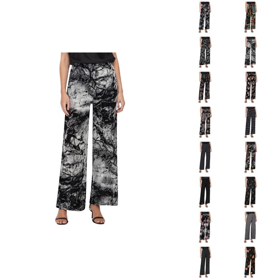 Cropped Pants for Women Spring Summer Lightweight Floral Print Elastic High Waist Wide Straight Leg Stretchy Boho Pants