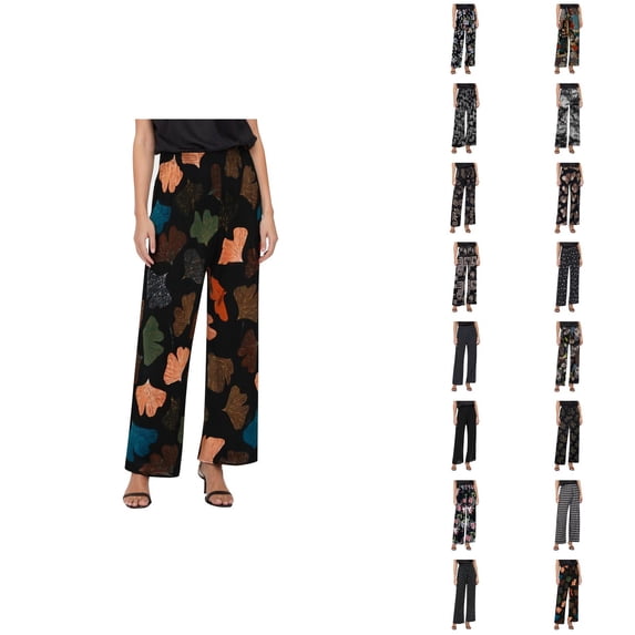 Cropped Pants for Women Spring Summer Lightweight Floral Print Elastic High Waist Wide Straight Leg Stretchy Boho Pants