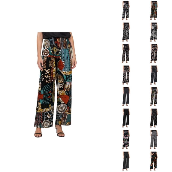 Cropped Pants for Women Spring Summer Lightweight Floral Print Elastic High Waist Wide Straight Leg Stretchy Boho Pants