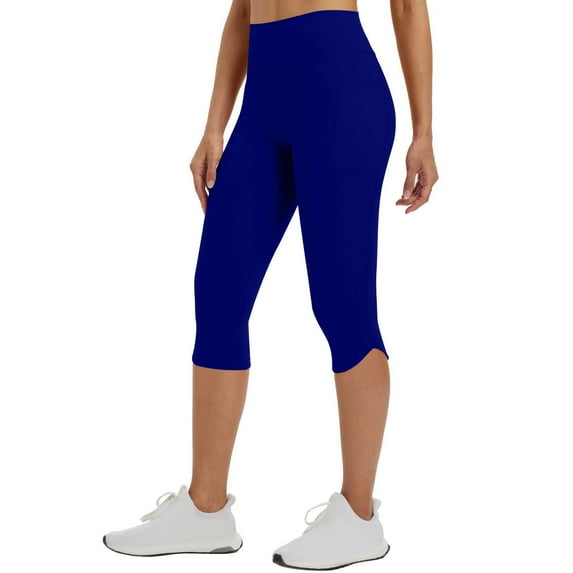 Cropped Pants for Women, Women's Solid Color High Waisted Hip Elastic Pockets Fitness And Sports Yoga Capris Pants Blue S