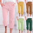 thumbnail image 1 of Cropped Pants for Womens Casual Solid Color Linen Shorts Elastic Loose Capris Pants Drawstring Straight Wide Leg Trousers with Pocket, 1 of 6