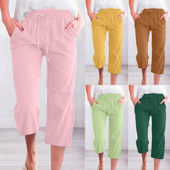 Cropped Pants for Womens Casual Solid Color Linen Shorts Elastic Loose Capris Pants Drawstring Straight Wide Leg Trousers with Pocket
