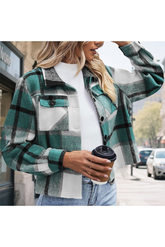 Cropped Plaid Jacket for Women Flannels Shacket Button Cardigan Fall Trendy Plaid Coats Streetwear Mint Green M