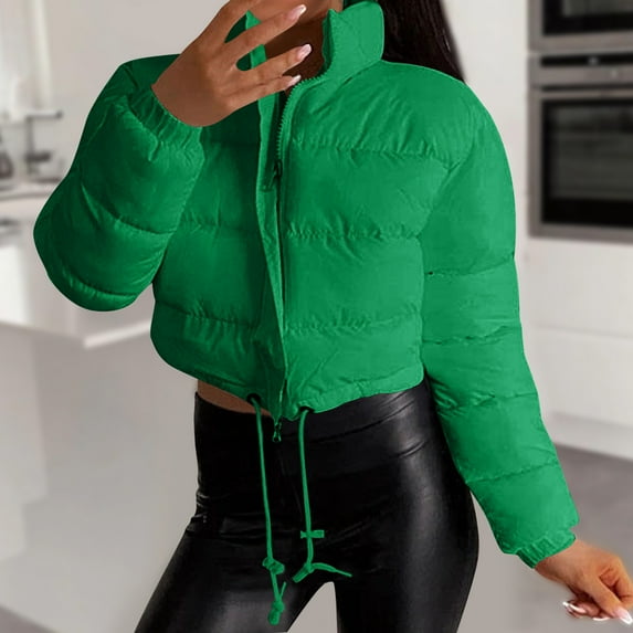 Cropped Puffer Jacket Women Drawstring Hem Full Zip Stand Collar Bubble Quilted Jackets Puffy Fashion Solid Color Slim Short Down Coat 2025 Winter Streetwear Coats