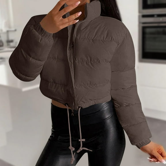 Cropped Puffer Jacket Women Drawstring Hem Full Zip Stand Collar Bubble Quilted Jackets Puffy Fashion Solid Color Slim Short Down Coat 2025 Winter Streetwear Coats