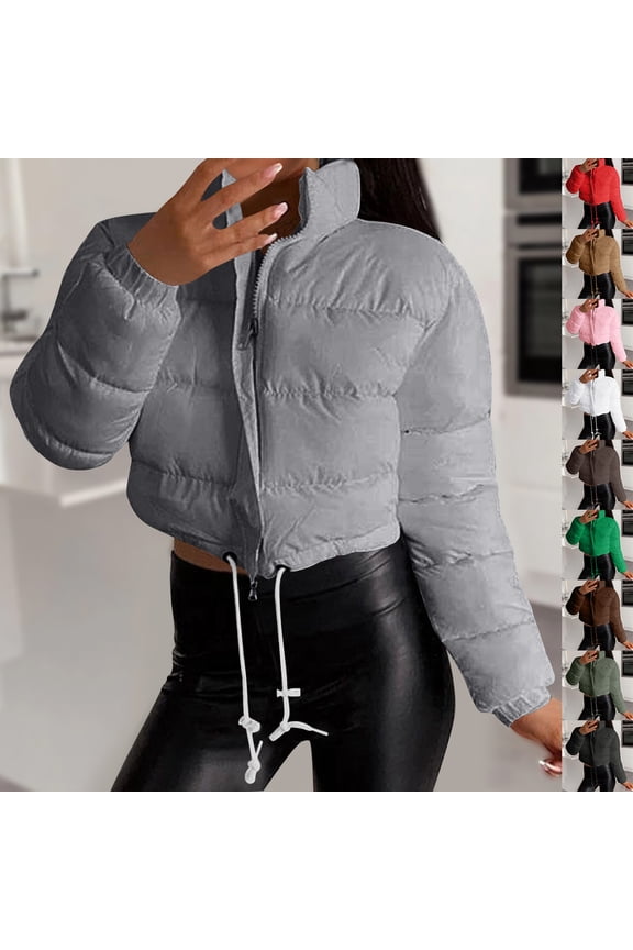 Cropped Puffer Jacket Women Drawstring Hem Full Zip Stand Collar Bubble Quilted Jackets Puffy Fashion Solid Color Slim Short Down Coat 2025 Winter Streetwear Coats