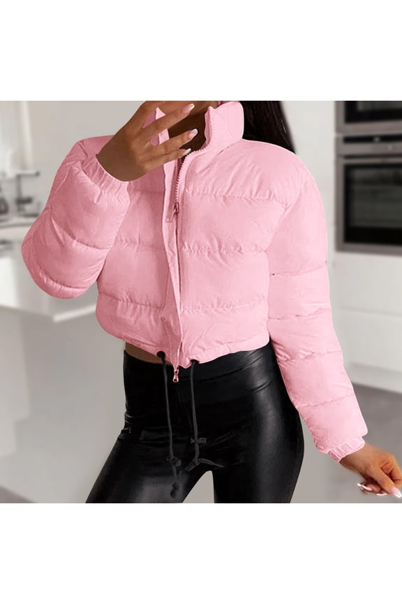 Cropped Puffer Jacket Women Drawstring Hem Full Zip Stand Collar Bubble Quilted Jackets Puffy Fashion Solid Color Slim Short Down Coat 2025 Winter Streetwear Coats
