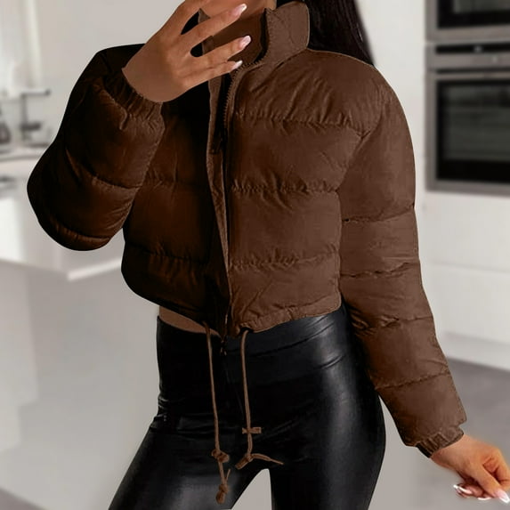 Cropped Puffer Jacket Women Drawstring Hem Full Zip Stand Collar Bubble Quilted Jackets Puffy Fashion Solid Color Slim Short Down Coat 2025 Winter Streetwear Coats