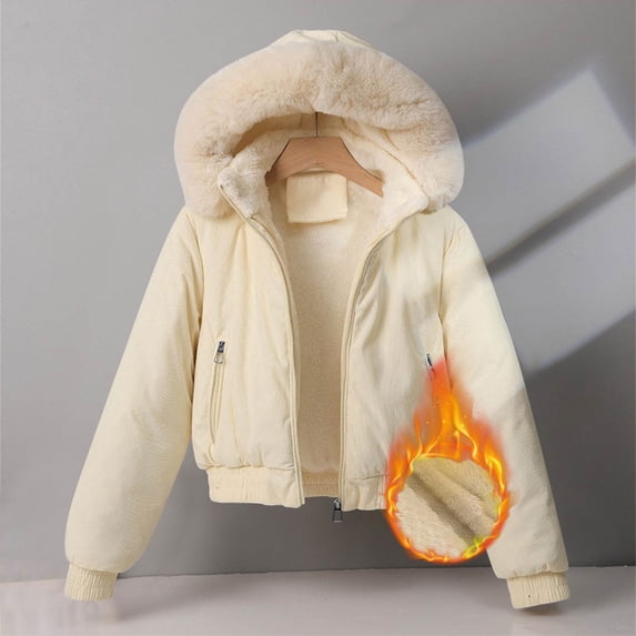 Cropped Puffer Jacket Women Sherpa Lined Hooded Full Zip Fuzzy Winter Padded Coat with Zipper Pockets Ribbed Cuffs Hem Warm Casual Street Outerwear