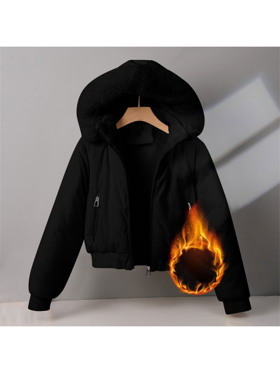Cropped Puffer Jacket Women Sherpa Lined Hooded Full Zip Fuzzy Winter Padded Coat with Zipper Pockets Ribbed Cuffs Hem Warm Casual Street Outerwear