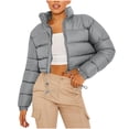thumbnail image 1 of Cropped Puffer Jacket Women Stand Collar Full Zip Horizontal Quilted Drawstring Hem Oversized Winter Padded Coat Y2K Streetwear Warm Outerwear, 1 of 5