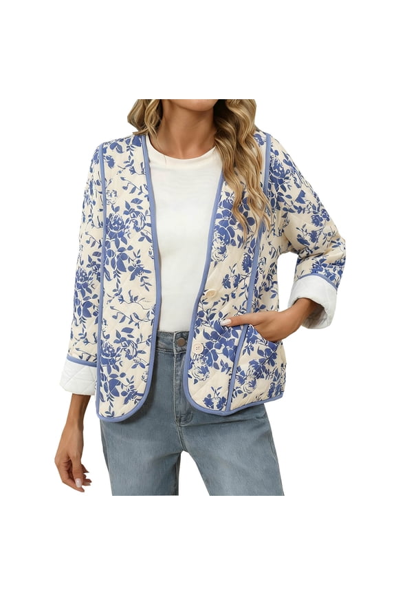 Cropped Puffer Jacket for Women Floral Button Down Jackets Casual Lightweight Quilted Coat Blue M