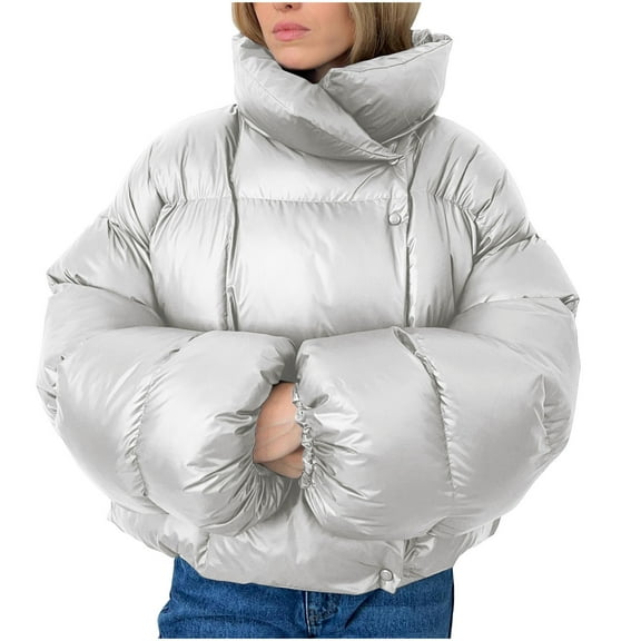 Cropped Puffer Jackets for Women Button Down Stand Collar Windproof Bubble Puffy Quilted Jacket with Hood Solid Oversized Short Down Coat Streetwear Fashion Winter Outerwear 2025