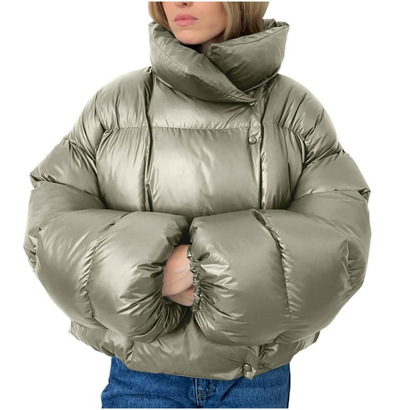 Cropped Puffer Jackets for Women Button Down Stand Collar Windproof Bubble Puffy Quilted Jacket with Hood Solid Oversized Short Down Coat Streetwear Fashion Winter Outerwear 2025