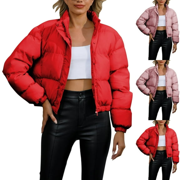 Cropped Puffer Jackets for Women Stand Collar Full Zip Long Sleeve Puffy Quilted Jacket Ovversized Drawstring Solid Short Padded Coat with Pockets Outdoor Fashion Winter 2025 Outerwear