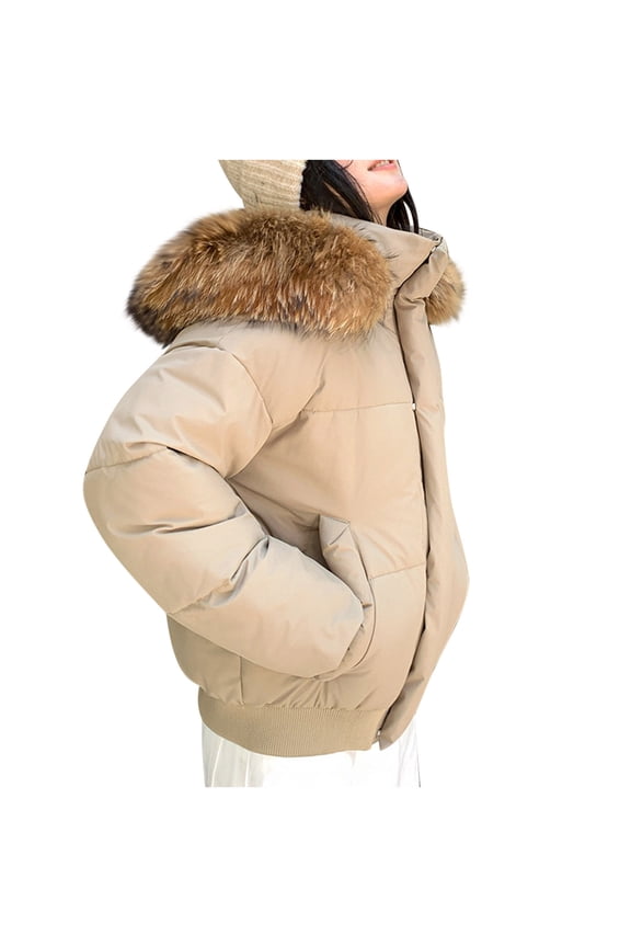 Cropped Puffer Jackets for Women with Faux Fur Hood, Winter Warm Ladies Short Quilted Down Coat Outerwear with Pockets