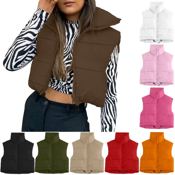 Cropped Puffer Vest Women Winter Warm Full Zip Up Sleeveless Jacket Puffy Lightweight Stand-up Collar Down Coat Outerwear with Pockets