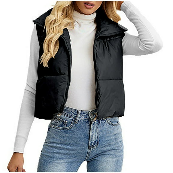 Cropped Puffer Vest Womens Stand Collar Zip-Up Padded Vests Sleeveless Warm Puffy Jackets Fall Outfits Black, M