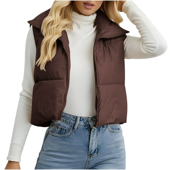 Cropped Puffer Vest Womens Stand Collar Zip-Up Padded Vests Sleeveless Warm Puffy Jackets Fall Outfits Coffee, M