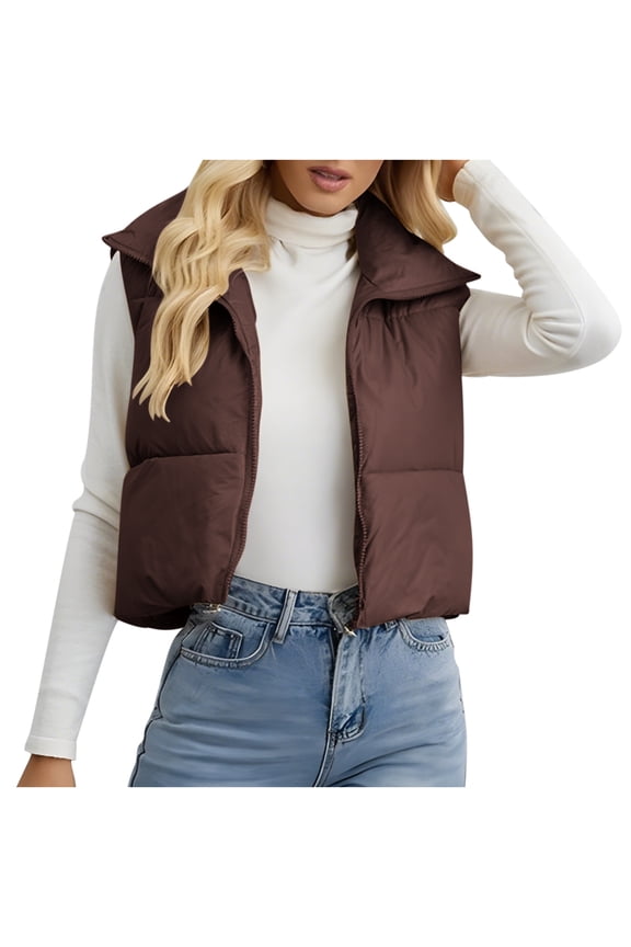Cropped Puffer Vest Womens Stand Collar Zip-Up Padded Vests Sleeveless Warm Puffy Jackets Fall Outfits Coffee, M