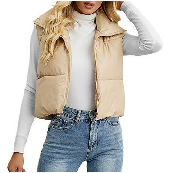 Cropped Puffer Vest Womens Stand Collar Zip-Up Padded Vests Sleeveless Warm Puffy Jackets Fall Outfits Khaki, M