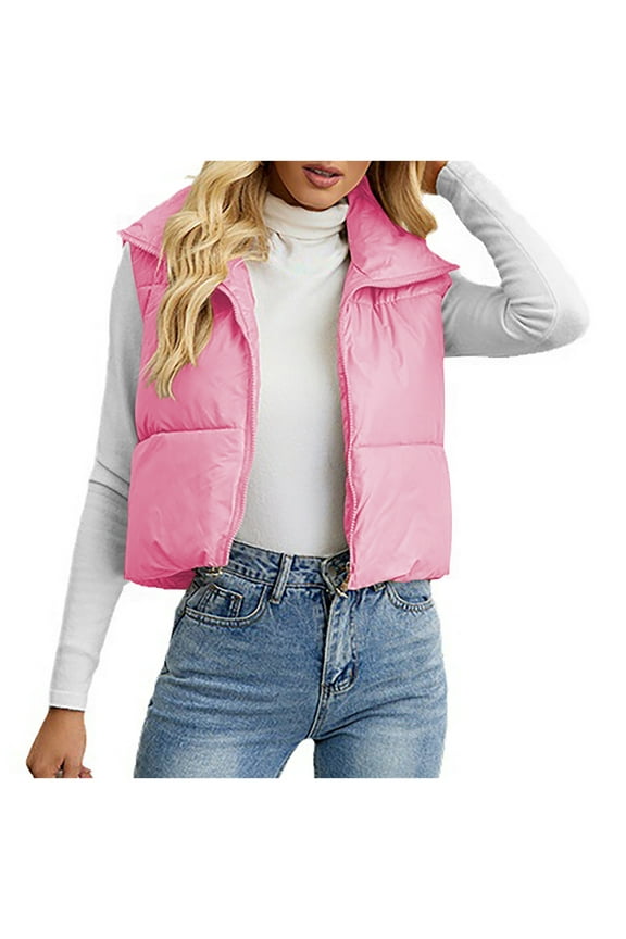 Cropped Puffer Vest Womens Stand Collar Zip-Up Padded Vests Sleeveless Warm Puffy Jackets Fall Outfits Pink, M