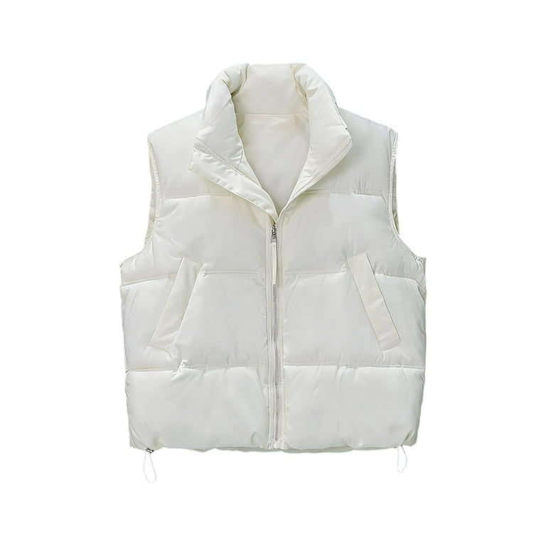 Cropped Puffer Vest for Women Stand Collar Button Up Cotton