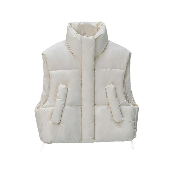 Cropped Puffer Vest for Women Stand Collar Button Up Cotton Sleeveless Down Jacket No Hood Light Winter Coats (2XL, White 02)