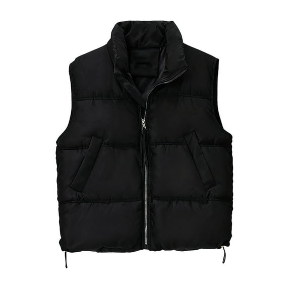 Cropped Puffer Vest for Women Stand Collar Button Up Cotton Sleeveless Down Jacket No Hood Light Winter Coats (L, Black 01)
