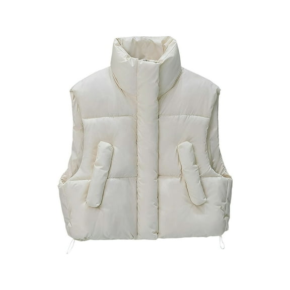 Cropped Puffer Vest for Women Stand Collar Button Up Cotton Sleeveless Down Jacket No Hood Light Winter Coats (M, White 02)