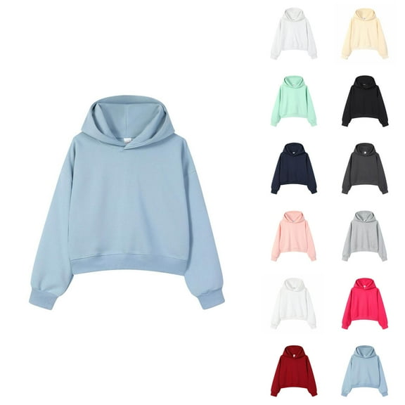 Cropped Pullover Hoodies for Women Fall Winter Long Sleeve Drop Shoulder Plain Hooded Sweatshirt Crop Tops