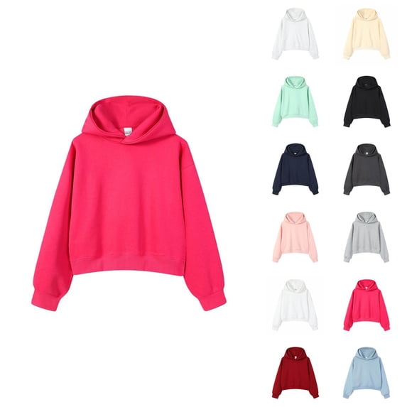 Cropped Pullover Hoodies for Women Fall Winter Long Sleeve Drop Shoulder Plain Hooded Sweatshirt Crop Tops
