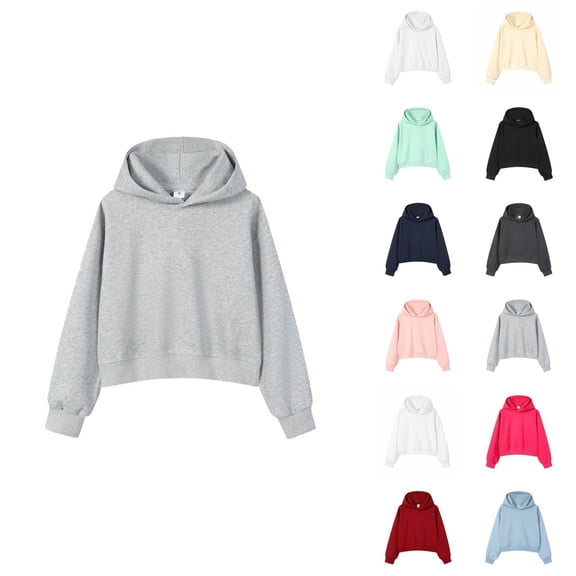 Cropped Pullover Hoodies for Women Fall Winter Long Sleeve Drop Shoulder Plain Hooded Sweatshirt Crop Tops