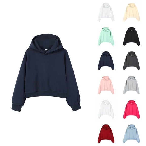 Cropped Pullover Hoodies for Women Fall Winter Long Sleeve Drop Shoulder Plain Hooded Sweatshirt Crop Tops