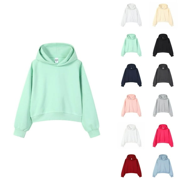 Cropped Pullover Hoodies for Women Fall Winter Long Sleeve Drop Shoulder Plain Hooded Sweatshirt Crop Tops