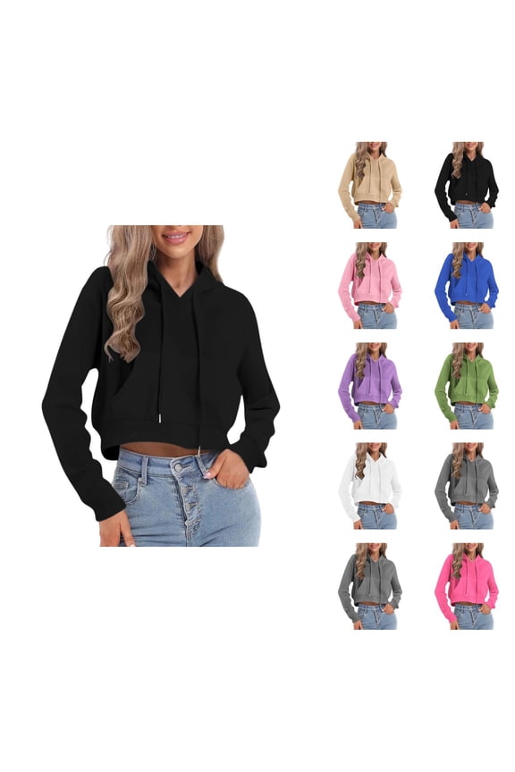 Cropped Pullover Hoodies for Women Lightweight Long Sleeve Plain Hooded Sweatshirt with Pockets Crop Tops