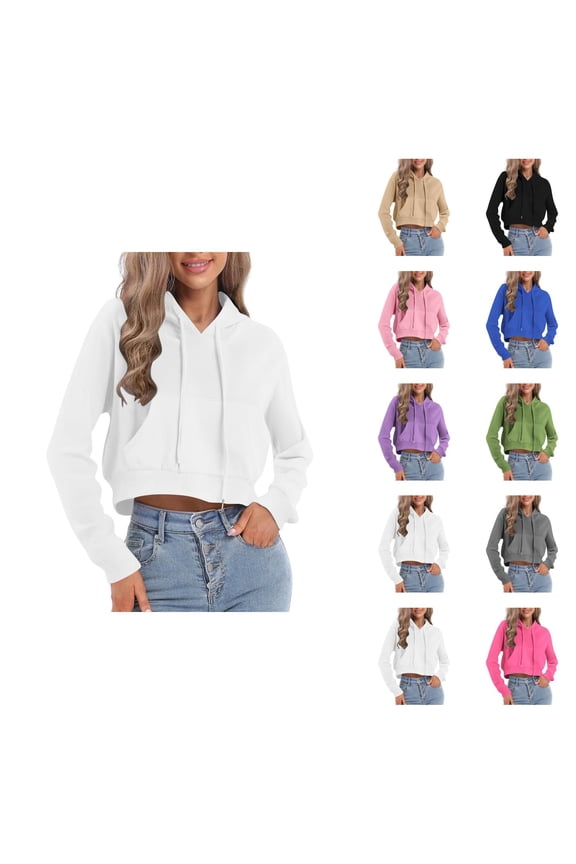 Cropped Pullover Hoodies for Women Lightweight Long Sleeve Plain Hooded Sweatshirt with Pockets Crop Tops