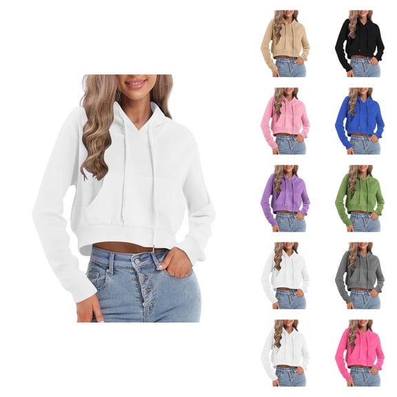 Cropped Pullover Hoodies for Women Lightweight Long Sleeve Plain Hooded Sweatshirt with Pockets Crop Tops