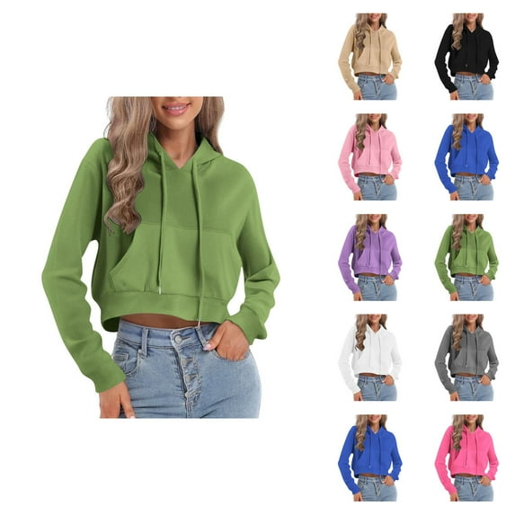 Cropped Pullover Hoodies for Women Lightweight Long Sleeve Plain Hooded Sweatshirt with Pockets Crop Tops