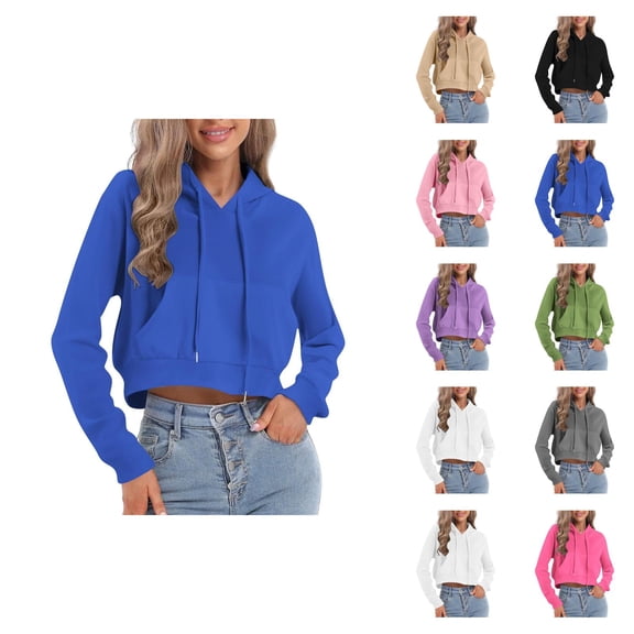 Cropped Pullover Hoodies for Women Lightweight Long Sleeve Plain Hooded Sweatshirt with Pockets Crop Tops