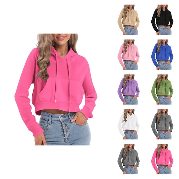 Cropped Pullover Hoodies for Women Lightweight Long Sleeve Plain Hooded Sweatshirt with Pockets Crop Tops