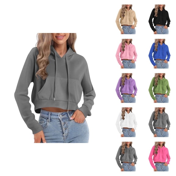 Cropped Pullover Hoodies for Women Lightweight Long Sleeve Plain Hooded Sweatshirt with Pockets Crop Tops