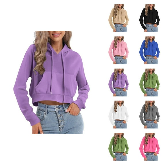 Cropped Pullover Hoodies for Women Lightweight Long Sleeve Plain Hooded Sweatshirt with Pockets Crop Tops