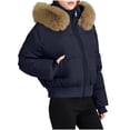 thumbnail image 1 of Cropped Quilted Jackets for Women Stand Collar Zip Up Long Sleeve Down Jacket with Faux Fur Hood Solid Color Pockets Loose Thermal Puffer Coats 2025 Winter Trendy Warm Outerwear, 1 of 8