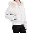 thumbnail image 1 of Cropped Quilted Jackets for Women Stand Collar Zip Up Long Sleeve Down Jacket with Faux Fur Hood Solid Color Pockets Loose Thermal Puffer Coats 2025 Winter Trendy Warm Outerwear, 1 of 8